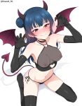 1girl absurdres black_choker black_gloves black_panties black_thighhighs blue_hair blush breasts choker claw_pose closed_mouth commentary_request crop_top demon_horns demon_tail demon_wings elbow_gloves fake_horns fake_tail fake_wings gloves hair_bun halterneck highres horns long_hair looking_at_viewer love_live! love_live!_sunshine!! medium_breasts navel nipples paid_reward_available panties purple_eyes roswell_ss see-through_clothes side-tie_panties single_side_bun sitting smile solo striped_clothes striped_panties tail thighhighs thighs tsushima_yoshiko underwear wariza white_background wings 