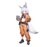  1girl animal_ears artist_request belt belt_pouch black_belt black_gloves black_shoes black_sports_bra blush_stickers buckle bungee_cord double-parted_bangs ears_through_headwear fox_ears fox_girl fox_tail gloves grin h2osakana hair_between_eyes hair_ornament hand_on_own_hip hard_hat helmet holding holding_tablet_pc id_card jumpsuit lanyard logo looking_at_viewer merchandise_available midriff multicolored_gloves multiple_belts navel official_art open_jumpsuit orange_gloves orange_jumpsuit phase_connect pouch promotional_art purple_eyes second-party_source shoelaces shoes short_eyebrows short_hair sidelocks simple_background smile snap-fit_buckle sneakers sports_bra standing standing_on_another's_head striped_jumpsuit tablet_pc tail tenma_maemi theo_(tenma_maemi) thigh_pouch tokkuri transparent_background two-tone_gloves v-shaped_eyebrows vertical-striped_jumpsuit virtual_youtuber white_hair work_gloves 