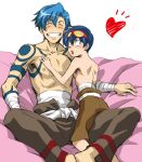  2boys age_difference arm_tattoo blue_hair blush closed_eyes commentary_request grin hand_on_another's_chest heart kamina_(ttgl) kurenai_karasu male_focus midriff_sarashi multiple_boys nipples onii-shota pants pectorals sarashi short_hair simon_(ttgl) sitting sitting_on_person smile tattoo tengen_toppa_gurren_lagann topless_male yaoi 