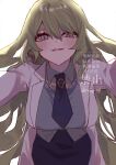  1girl absurdres black_skirt breasts coat commentary earrings green_hair green_shirt highres honkai_(series) honkai_impact_3rd jewelry lab_coat large_breasts long_hair looking_at_viewer mobius_(honkai_impact) mobius_(pre-surgery)_(honkai_impact) nzg_09 parted_lips pencil_skirt pov shirt simple_background skirt slit_pupils solo very_long_hair white_background white_coat 