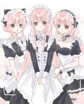  3girls absurdres animal_ears apron ascot bell black_bow black_bowtie black_choker black_dress black_hairband black_ribbon blunt_bangs bow bowtie breasts breezy_tea_time_(infinity_nikki) brooch brown_eyes buttons cat_ears chinese_commentary chocolate_housemaid_(miracle_nikki) choker cleavage closed_mouth collar collarbone collared_dress commentary_request contrast_collar cosplay costume_switch cowboy_shot detached_collar dog_ears dot_nose drawn_ears drawn_whiskers dress dress_bow enmaided eyes_visible_through_hair floppy_ears frilled_apron frilled_choker frilled_dress frilled_hairband frilled_sleeves frilled_thigh_strap frills gloves gradient_background hair_between_eyes hair_bow hair_ribbon hairband halftone hand_on_own_chest hands_on_lap happy highres infinity_nikki jewelry juliet_sleeves large_bow layered_dress lolita_hairband long_hair long_sleeves looking_at_viewer low_twintails maid maid_headdress miracle_nikki multiple_girls multiple_persona neck_bell nikki_(nikki) nikki_(series) open_mouth own_hands_together pink_background pink_hair pleated_dress pocket puffy_short_sleeves puffy_sleeves rabbit_ears ranranxihuanqiaokeli ribbon shining_nikki short_dress short_hair_with_long_locks short_sleeves sidelocks sleeve_cuffs smile sparkle square_neckline standing straight_hair teresa_afternoon_tea_(shining_nikki) thigh_strap twintails two-tone_background updo very_long_hair viewfinder white_apron white_ascot white_background white_bow white_collar white_dress white_gloves white_wrist_cuffs wrist_cuffs 