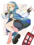  1boy androgyne_symbol ass bike_shorts bike_shorts_under_skirt black_gloves black_shorts black_skirt blonde_hair blue_eyes blue_jacket blue_shorts bridget_(guilty_gear) commentary drawstring fingerless_gloves gloves guilty_gear guilty_gear_strive hands_up highres hood hood_up hooded_jacket jacket male_focus medium_hair open_clothes open_jacket parted_lips pleated_skirt shirt shoe_soles shorts signature skindentation skirt socks solo standing standing_on_one_leg thighs trap udapoop white_mouth white_socks yellow_shirt yo-yo 