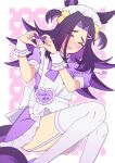 1girl absurdres alternate_costume animal_ears apron black_hair blush bow commentary_request dress fenomeno_(umamusume) flipped_hair four-finger_heart_hands garter_straps hair_ornament hairclip heart heart_hands heart_ornament highres horse_ears horse_girl horse_tail long_hair looking_at_viewer maid maid_apron maid_headdress multicolored_hair one_eye_closed open_mouth purple_bow purple_dress purple_eyes purple_hair smile tail thighhighs thighs umamusume w3n6e white_apron white_garter_straps white_headdress white_thighhighs white_wrist_cuffs wrist_cuffs 