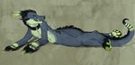  bablog claws collar dragon glowing grey_background hindpaw horn invalid_tag leather male pawpads paws pinup plain_background pose presenting scalie showing_off solo spines tongue 