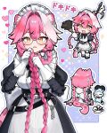  1girl absurdres animal_ears artist_name belt bilingual_commentary black-framed_eyewear black_belt black_dress black_ribbon black_shoes blush braid breasts broken_plate center_frills chattino_(raora_panthera) chibi chibi_inset commentary daemo72 dress duster english_commentary eyelashes eyeshadow fang frills glasses gloves hair_intakes hair_ornament hairclip heart highres holding holding_duster hololive hololive_english key keyring large_breasts long_hair long_sleeves looking_at_viewer maid maid_headdress makeup mixed-language_commentary monocle multicolored_hair open_mouth panther_ears panther_girl panther_tail pink_eyeshadow pink_hair pink_tail plate purple_background raora_panthera raora_panthera_(maid) ribbon scythe semi-rimless_eyewear shoes skin_fang smile solo_focus sparkle streaked_hair sweatdrop tail thighhighs twin_braids twitter_username two-tone_hair under-rim_eyewear virtual_youtuber white_background white_dress white_gloves white_thighhighs yellow_eyes 