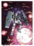  2012 artist_logo assault_visor commentary_request dated earth_federation_space_forces energy_beam energy_gun explosion extra_arms gm_(mobile_suit) gm_(thunderbolt) green_visor gun gundam gundam_thunderbolt holding holding_energy_gun holding_gun holding_weapon logo mecha mobile_suit no_humans official_art ohtagaki_yasuo robot science_fiction shield space thrusters weapon 