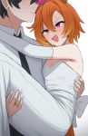  1boy 1girl animal_ears armpits arms_around_neck bare_shoulders black_hair blush bridal_gauntlets carrying collared_shirt crown dress faceless faceless_male flat_chest full-face_blush hair_between_eyes highres horse_ears horse_girl horse_tail husband_and_wife jewelry looking_at_another mini_crown namikare necktie open_mouth orange_hair pink_crown pink_eyes princess_carry ring shirt short_hair simple_background sweat t.m._opera_o_(umamusume) tail trainer_(umamusume) trembling umamusume wedding_dress wedding_ring white_background white_dress white_shirt 