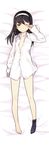  bangs barefoot bed_sheet black_hair blue_eyes brown_eyes dakimakura dress_shirt finger_to_eye flat_chest full_body girls_und_panzer hairband hand_on_own_face highres long_hair lying naked_shirt no_bra official_art on_back one_eye_closed reizei_mako shimada_fumikane shirt single_sock sleepy socks solo unbuttoned white_background white_shirt 