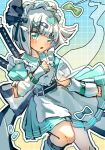  1girl alternate_costume apron arm_warmers bandaid bandaid_hair_ornament blue_background blush chinese_commentary collared_dress commentary_request dress enmaided gradient_background green_dress green_eyes green_leg_warmers grey_hair grid_background hair_ornament heart heart_hair_ornament highres hitodama konpaku_youmu konpaku_youmu_(ghost) leg_warmers looking_at_viewer maid maid_headdress open_mouth outline puffy_short_sleeves puffy_sleeves sheath sheathed short_sleeves shouxishao_jiuyuan solo sword sword_on_back touhou waist_apron weapon weapon_on_back white_apron white_arm_warmers white_outline x_hair_ornament yellow_background 