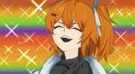  1girl :d ^_^ a.i._voice absurdres adachi_rei black_sweater closed_eyes fabulous_secret_powers_(meme) highres intentional_jpeg_artifacts jacket jpeg_artifacts masters_of_the_universe meme one_side_up open_mouth orange_hair oru_(knktoru) portrait rainbow_background smile solo sparkle sweater utau white_jacket 