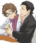  2boys black-framed_eyewear black_hair black_jacket brown_eyes brown_hair closed_mouth coat commentary_request dress_shirt food from_side hair_slicked_back hand_on_another's_chin hiraga_keisuke holding holding_food holding_sandwich isa_(peien516) jacket looking_at_another male_focus multiple_boys odagiri_hidetoshi persona persona_3 plaid_clothes plaid_shirt rectangular_eyewear sandwich semi-rimless_eyewear shirt short_hair sideburns simple_background under-rim_eyewear upper_body white_background white_coat white_shirt yaoi 