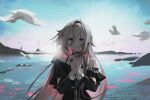  1girl absurdres artist_name bare_shoulders bird black_choker black_shirt blonde_hair blue_eyes choker closed_mouth cloud collarbone commentary_request crying crying_with_eyes_open expressionless highres ia_(vocaloid) jewelry long_hair looking_at_viewer multicolored_hair off-shoulder_shirt off_shoulder outdoors own_hands_together pink_hair ring seagull shirt solo tears two-tone_hair upper_body vocaloid ztianyoshino 