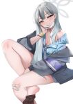  1girl absurdres bandaid bandaid_on_knee bandaid_on_leg bare_legs blue_archive blush bracelet breasts cleavage collarbone collared_shirt commentary_request feet foot_out_of_frame grey_eyes grey_hair grey_halo grey_jacket grey_necktie grey_skirt halo hand_up hawaiian_shirt highres jacket jewelry konoka_(blue_archive) legs long_hair long_sleeves looking_at_viewer mask miniskirt mouth_mask necktie no_shoes off_shoulder open_clothes open_jacket pleated_skirt shirt simple_background sitting skirt soles solo surgical_mask thighs toes white_background yanwulazy 