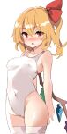  1girl alternate_costume arms_behind_back blonde_hair blush bow breasts cameltoe commentary_request competition_swimsuit covered_navel cowboy_shot crystal flandre_scarlet hair_bow highres kamukamu_(ars) looking_at_viewer medium_hair nose_blush one-piece_swimsuit open_mouth red_bow red_eyes side_ponytail simple_background small_breasts solo swimsuit thighhighs touhou white_background white_one-piece_swimsuit white_thighhighs wings 