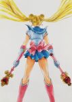  1girl back_bow battle_damage bishoujo_senshi_sailor_moon bishoujo_senshi_sailor_moon_r bishoujo_senshi_sailor_moon_s blonde_hair blue_sailor_collar blue_skirt boots bow commentary_request crescent crescent_earrings cutie_moon_rod double_bun dual_wielding earrings feet_out_of_frame floating_hair from_behind fukano_youichi gloves hair_bun highres holding holding_wand jewelry knee_boots kneepits leotard long_hair magical_girl miniskirt official_artist_extra pleated_skirt red_boots red_bow sailor_collar sailor_moon simple_background skirt solo spiral_heart_moon_rod standing torn_boots torn_bow torn_clothes torn_gloves torn_leotard torn_skirt traditional_media tsukino_usagi twintails wand white_background white_gloves white_leotard 