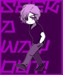  1boy border closed_mouth commentary_request full_body hand_in_pocket highres junpei_(kyokugen_dasshutsu) kyokugen_dasshutsu male_focus monochrome outline pants purple_background purple_border purple_theme shirt shoes short_hair short_sleeves solo split_mouth t-shirt tebaken_mind walking white_outline zero_escape:_toki_no_dilemma 