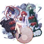  3girls ascot belt black_hat black_shirt black_shoes black_skirt bow closed_mouth commentary_request dress drum drum_set full_body green_dress green_eyes green_hair hat hat_bow high_heels highres horikawa_raiko instrument lightning long_skirt long_sleeves looking_at_viewer multiple_girls nagae_iku necktie ofuda ofuda_on_clothes plaid_clothes plaid_shirt purple_necktie red_ascot red_bow red_eyes red_hair shirt shoes short_hair simple_background skirt soga_no_tojiko taiko_drum tate_eboshi tateworyyyyyy touhou trait_connection veil white_background white_shirt white_skirt white_veil 