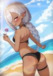 1girl absurdres ass beach bikini black_bikini black_nails blue_sky blush body_markings braid breasts commentary dark-skinned_female dark_skin fang finger_heart gician_l grey_hair hair_over_one_eye heart heart-shaped_pupils highres jewelry long_hair looking_at_viewer looking_back ocean original outdoors pointy_ears red_eyes sky small_breasts smile solo swimsuit symbol-shaped_pupils thighlet untranslatable_commentary water 