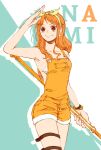  1girl arm_up bare_shoulders bikini bikini_under_clothes bow bow_hairband bracelet brown_eyes character_name clima-tact closed_mouth collarbone cowboy_shot drop_shadow earrings eyelashes green_bow green_hairband hairband hand_up highres holding holding_staff jewelry long_hair nami_(one_piece) official_alternate_costume one_piece one_piece:_stampede orange_hair orange_overalls overall_shorts overalls pearl_earrings polka_dot_hairband simple_background smile solo staff swimsuit thigh_strap third-party_source two-tone_background ume_(ume_boshi1020) white_bikini yellow_overalls 