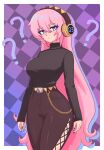  1girl ? belt black_pants black_sweater blue_eyes blue_nails border breasts brown_belt chain checkered_background closed_mouth commentary expressionless headphones highres kaleislazy large_breasts long_hair looking_at_viewer megurine_luka pants pink_hair pink_pupils purple_background solo sweater thick_thighs thighs turtleneck turtleneck_sweater very_long_hair vocaloid white_border 
