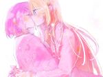  2girls amaori_renako ao_(aymr6215) ashigaya_high_school_uniform blonde_hair blue_eyes blush bow bowtie closed_eyes collared_shirt commentary hand_on_another's_neck hand_on_another's_shoulder highres hug long_hair medium_hair multiple_girls ouzuka_mai pink_hair red_bow red_bowtie school_uniform shirt watashi_ga_koibito_ni_nareru_wake_naijan_murimuri! white_shirt yuri 