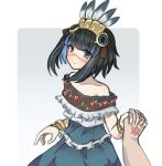  1boy 1girl bare_shoulders black_hair blue_hair blush bracelet breasts collarbone colored_inner_hair command_spell commentary dress eyeliner facepaint fate/grand_order fate_(series) feathers floral_print green_dress grey_eyes headdress holding_hands jewelry looking_at_viewer makeup multicolored_hair off_shoulder short_hair sidelocks small_breasts tassel tenochtitlan_(ancient_mexico_exhibition)_(fate) tenochtitlan_(fate) user_wezf5254 