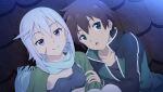  1boy 1girl anime_coloring black_jacket black_shirt blue_scarf brown_hair capelet chris_(konosuba) closed_mouth collarbone crop_top diamond_earrings dutch_angle earrings game_asset green_capelet green_eyes green_jacket grey_hair half-closed_eyes hand_on_another's_shoulder highres jacket jewelry kono_subarashii_sekai_ni_shukufuku_wo! kono_subarashii_sekai_ni_shukufuku_wo!_kono_yokubukai_game_ni_shinpan_o! looking_to_the_side looking_up multicolored_jacket night non-web_source official_art on_roof open_clothes open_jacket open_mouth outdoors purple_eyes satou_kazuma scar scar_on_cheek scar_on_face scarf self-datamine shirt short_hair side_ahoge sitting_on_roof smile thighhighs tile_roof track_suit triangle_mouth two-tone_jacket upper_body upwards_triangle_mouth variant_set white_thighhighs 