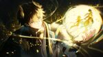  1boy 1girl absurdres annann_nna black_background black_hair black_jacket blue_eyes closed_mouth commentary_request dan_heng_(honkai:_star_rail) dan_heng_(permansor_terrae)_(honkai:_star_rail) dragon_boy dragon_tail glowing grey_hair hair_between_eyes hand_up hetero highres holding holding_hands holding_orb honkai:_star_rail honkai_(series) jacket light_smile long_hair male_focus orb ponytail solo_focus stelle_(honkai:_star_rail) tail trailblazer_(honkai:_star_rail) upper_body yellow_pupils 