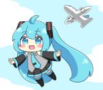  1girl :3 :d ahoge aircraft airplane blue_eyes blue_hair blue_necktie blue_sky blush_stickers chibi chibi_only cloud commentary_request day detached_sleeves double-parted_bangs flying full_body hair_between_eyes hatsune_miku long_hair necktie nukotun open_mouth outdoors sky smile solo twintails very_long_hair vocaloid 