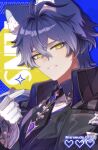  1boy animal_ear_fluff animal_ears black_capelet black_coat blue_background blue_gem blue_hair capelet character_name coat collared_shirt commentary_request crossed_bangs double-parted_bangs finger_heart flins_(genshin_impact) gem genshin_impact gloves gradient_hair hair_intakes halftone heart high_collar highres kemonomimi_mode looking_to_the_side male_focus multicolored_hair multicolored_shirt parted_lips pixel_heart raramuda_0101 shirt sideways_glance smile solo twitter_username upper_body white_gloves wing_collar yellow_eyes 