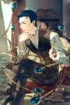  1boy absurdres black_bow black_bowtie black_hair black_pants black_vest blue_eyes blue_hair book bookshelf bow bowtie chair closed_mouth collared_shirt commentary crossed_legs fate/grand_order fate_(series) feet_out_of_frame foot_out_of_frame formal_clothes green_rar hair_slicked_back hand_on_own_chin hand_on_own_face head_rest highres holding indoors long_sleeves magnifying_glass male_focus pants profile sherlock_holmes_(fate) shirt shoes short_hair sitting smoking_pipe solo vest watermark white_shirt window 