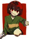 1other black_shorts blood blood_from_eyes blush_stickers border brown_hair chara_(undertale) cowboy_shot dot_nose evil_smile fourth_wall green_sweater highres holding holding_knife knife looking_at_viewer outside_border r_ianna red_background red_eyes short_hair shorts sleeves_past_wrists smile solo striped_clothes striped_sweater sweater undertale utdr_(toby_fox) v-neck white_border wide-eyed yellow_sweater 