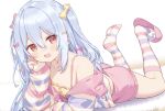  1boy absurdres blue_hair bow bow_camisole camisole commission crossdressing crossdressing_(mtf) fang green_bow hair_between_eyes hair_bow highres hiraga_matsuri inuyama_tamaki inuyama_tamaki_(4th_costume) jacket long_hair lying male_focus multicolored_socks noripro on_stomach open_mouth orange_eyes pink_bow pink_jacket pink_shorts pink_slippers pink_socks purple_jacket purple_socks shorts single_slipper skeb_commission skin_fang slippers smile socks solo striped_clothes striped_jacket striped_socks the_pose trap two_side_up virtual_youtuber white_jacket white_socks yellow_bow yellow_camisole 