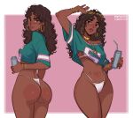  1girl aqua_shirt arm_up artist_name ass bikini bikini_bottom_only bikini_top_peek bracelet breasts brown_eyes brown_hair can commentary cover_bikini_girl_(gta_vi) cowboy_shot crop_top cropped_shirt curly_hair dark-skinned_female dark_skin earrings english_commentary from_behind glasses gold_bracelet gold_earrings gold_necklace gold_ring grand_theft_auto grand_theft_auto_vi highres holding holding_can hoop_earrings jersey jewelry lips lipstick long_hair looking_back madogg makeup medium_breasts multiple_bracelets multiple_views narrow_waist navel navel_piercing necklace piercing pink_lips shirt simple_background single_off_shoulder sportswear swimsuit thick_lips thong thong_bikini white_bikini yellow-framed_eyewear 