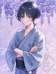  1boy alternate_costume black_hair black_sash blue_eyes blue_hair blue_kimono closed_mouth commentary_request crossed_arms fingernails genshin_impact highres japanese_clothes kimono looking_at_viewer male_focus obi purple_background sash scaramouche_(genshin_impact) short_hair snow20200 solo twitter_username wanderer_(genshin_impact) 