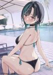  1girl aqua_hair ass back bikini black_bikini black_choker black_hair braid braided_bangs breasts bright_pupils choker closed_mouth colored_inner_hair commentary day earrings from_behind halterneck highres hiragi_1014 hololive hololive_dev_is jewelry large_breasts looking_at_viewer looking_back median_furrow medium_hair multicolored_hair outdoors pool purple_streaks red_eyes rindo_chihaya shoulder_blades side-tie_bikini_bottom sitting solo streaked_hair string_bikini swept_bangs swimsuit virtual_youtuber white_pupils white_streaks 