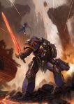  adeptus_astartes armor bolter chain chaos_space_marine epic explosion highres molten_rock night_lords okita power_armor power_sword realistic science_fiction skull solo sword talos_valcoran warhammer_40k weapon 