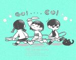  1boy 1girl 1other androgynous antenna_hair arm_up blue_background braid cat chibi chibi_only closed_eyes closed_mouth commentary double-parted_bangs english_commentary english_text frisk_(undertale) greyscale_with_colored_background hair_between_eyes holding holding_knife kneehighs knife long_hair long_sleeves low_twin_braids madotsuki mewo mitsubachi_koucha omori omori_(omori) short_hair shorts simple_background skirt socks striped_clothes striped_shorts sweater tank_top trait_connection twin_braids twitter_username undertale utdr_(toby_fox) vertical-striped_clothes vertical-striped_shorts yume_nikki 