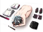  1girl ass black_hair blue_archive blue_halo breasts broken_horn commentary_request completely_nude demon_girl demon_horns dogeza dutch_angle earrings folded_clothes folding_fan from_above halo hand_fan highres hoop_earrings horns jewelry large_breasts naked_dogeza niya_(blue_archive) nude own_hands_together sandals short_hair shoulder_blades simple_background solo tolodog unworn_clothes unworn_sandals white_background zouri 