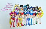  6+girls aino_minako ankleband aqua_hair aqua_sailor_collar aqua_shoes aqua_skirt bishoujo_senshi_sailor_moon bishoujo_senshi_sailor_moon_s black_eyes black_hair blonde_hair blue_boots blue_bow blue_eyes blue_hair blue_sailor_collar boots bow brown_hair chibi_usa child choker circlet closed_mouth commentary_request concept_art double_bun fukano_youichi gloves green_boots green_hair green_sailor_collar green_skirt hair_bobbles hair_bun hair_ornament hairband high_heel_boots high_heels highres hino_rei holding holding_staff holding_wand kaiou_michiru knee_boots leotard long_hair looking_at_viewer magical_girl meiou_setsuna miniskirt mizuno_ami multiple_girls orange_bow orange_sailor_collar orange_shoes orange_skirt pink_boots pink_bow pink_hair pleated_skirt ponytail prototype_design purple_boots purple_bow purple_hair purple_sailor_collar purple_skirt red_boots red_hairband red_sailor_collar red_shoes red_skirt sailor_chibi_moon sailor_collar sailor_jupiter sailor_mars sailor_mercury sailor_moon sailor_neptune sailor_pluto sailor_saturn sailor_uranus sailor_venus shoes short_hair simple_background skirt smile staff standing super_sailor_chibi_moon ten'ou_haruka tomoe_hotaru traditional_media tsukino_usagi twintails wand wavy_hair white_background white_gloves white_leotard yellow_boots yellow_bow yellow_sailor_collar yellow_skirt 