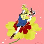  1girl arms_behind_back blonde_hair blue_dress boots brown_boots dancing dress final_fantasy final_fantasy_v flat_chest flower full_body hair_tie jacket krile_mayer_baldesion_(ff5) long_hair looking_at_viewer mochi_(hanamaruudondesu) open_mouth pink_background signature smile yellow_flower yellow_jacket 