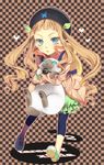  backpack bag beret black_hat blue_eyes brown_background brown_hair capri_pants carrying cat checkered checkered_background deformed0829 elle_mel_martha full_body hat jacket long_hair lulu_(tales) pants shoes spandex tales_of_(series) tales_of_xillia tales_of_xillia_2 twintails 