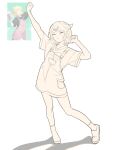  1girl :< :d ^_^ arm_up black_shirt black_shoes bow chinese_commentary closed_eyes closed_mouth commentary_request cup food hair_bow hair_ornament hand_up highres holding holding_cup kagamine_rin kowareta_sekai_to_utaenai_miku leg_up lineart makka_potato monochrome official_alternate_costume official_alternate_hairstyle official_art_inset open_mouth overalls pink_skirt popcorn project_sekai reference_inset shadow shirt shoes short_sleeves simple_background skirt smile socks standing stretching suspenders tongue triangle vocaloid white_background white_bow white_socks x_hair_ornament 