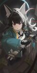  1girl absurdres animal_ear_fluff animal_ears aqua_jacket black_hair black_necktie blush commentary_request fingerless_gloves fox_ears fox_girl gauntlets gloves highres holding holding_sword holding_weapon hoshimi_miyabi jacket katana long_hair looking_at_viewer migi_art necktie open_mouth red_eyes shirt single_fingerless_glove single_gauntlet solo sword weapon white_shirt zenless_zone_zero 