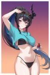  1girl aqua_shirt asymmetrical_horns bikini bikini_top_peek black_bikini black_hair black_nails blue_hair border breasts can closed_mouth colored_inner_hair commentary cosplay cover_bikini_girl_(gta_vi) cover_bikini_girl_(gta_vi)_(cosplay) cropped_shirt elazu english_commentary eyewear_on_head flower gradient_background grand_theft_auto grand_theft_auto_vi highleg highleg_bikini highres holding holding_can hololive hololive_english horn_flower horns large_breasts long_hair looking_at_viewer mole mole_under_eye multicolored_hair nail_polish navel nerissa_ravencroft o-ring_bikini_bottom outside_border ponytail purple_eyes shirt sidelocks simple_background smile solo stomach sunglasses swimsuit t-shirt uneven_horns very_long_hair virtual_youtuber white_border 