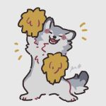  animal_focus closed_eyes commentary facing_viewer grey_background highres lower_teeth_only no_humans notice_lines open_mouth original pom_pom_(cheerleading) rinrinwolf signature simple_background smile teeth wolf 