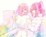  2girls amaori_haruna amaori_renako ao_(aymr6215) blush cellphone commentary_request highres holding holding_phone hood hoodie long_hair medium_hair multiple_girls open_mouth phone pink_eyes ponytail purple_hair siblings sisters sitting sitting_on_lap sitting_on_person smartphone smile striped_clothes striped_hoodie sweater watashi_ga_koibito_ni_nareru_wake_naijan_murimuri! white_sweater 