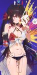  1girl absurdres berserker_r bikini black_gloves black_hair breasts chameleon_(meccha_chameleon) chinese_commentary cleavage commentary_request flower_tattoo fox_mask gameplay_mechanics gloves gun highres holding holding_mask honkai:_star_rail honkai_(series) large_breasts long_hair looking_at_viewer mark_under_both_eyes mask meccha_chameleon navel optical_camouflage pink_eyes shotgun single_glove solo sparkle_(honkai:_star_rail) swimsuit tattoo twintails weapon 