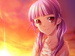  1girl agnes_ardbeg_augustus game_cg harem_party purple_hair red_eyes sunset twintails 