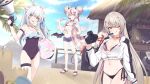  1boy 3girls :q ;q absurdres ahoge angel_wings animal_ears antlers arm_strap ball beach beachball bikini bikini_under_clothes black_bikini black_choker black_gloves black_jacket black_necktie black_tail blonde_hair blue_eyes blue_one-piece_swimsuit blue_shorts blue_sky blurry blurry_background braid bucket camera choker choppy_bangs cloud collared_shirt colored_inner_hair commentary covered_navel cropped_jacket cutoffs day deer_antlers deer_ears deer_girl demon_horns demon_tail demon_wings double-parted_bangs double_bun drill_hair english_commentary fish_boy flag food frilled_one-piece_swimsuit frills gloves grin h2osakana hair_bun hair_ornament hair_ribbon hairclip hakushika_iori half_up_braid hand_on_own_hip heart heart_hair_ornament highleg highleg_bikini highres holding holding_ball holding_beachball holding_camera holding_food holding_megaphone holding_popsicle holding_swim_ring horns hut jacket jacket_over_swimsuit jellyfish layered_bikini licking_lips logo long_hair long_sidelocks long_sleeves looking_at_viewer low_wings mahjong_soul mahjong_tile megaphone micro_bikini microphone midriff multicolored_hair multicolored_jacket multiple_girls multiple_hairclips multiple_wings navel necktie official_art one-piece_swimsuit one_eye_closed open_fly open_mouth outdoors palm_tree phase_connect pink_bikini pink_choker pink_hair popsicle railing red_eyes red_hair red_ribbon red_streaks red_tail remilia_nephys remilia_nephys_(remi_1.0) ribbon rinkou_ashelia rinkou_ashelia_(lia_2.0) sand sand_castle sand_sculpture sandals shirt short_shorts shorts side-tie_bikini_bottom sidelocks sky sleeves_rolled_up slides smile speaker standing star_(symbol) star_hair_ornament sticker streaked_hair swim_ring swimsuit tail thatched_roof thigh_strap tied_shirt tongue tongue_out transparent_innertube tree twintails two-tone_jacket valefal_coneri virtual_youtuber whistle whistle_around_neck white_hair white_jacket white_shirt wings zipper 